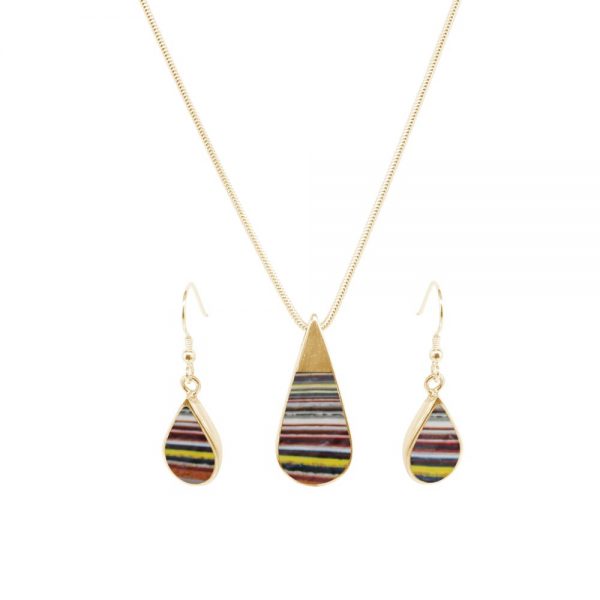 Yellow Gold Fordite Teardrop Pendant and Earring Set