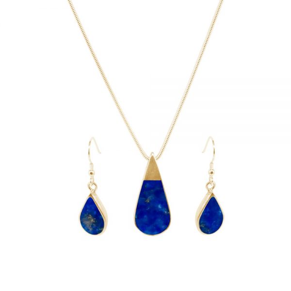 Yellow Gold Lapis Teardrop Pendant and Earring Set