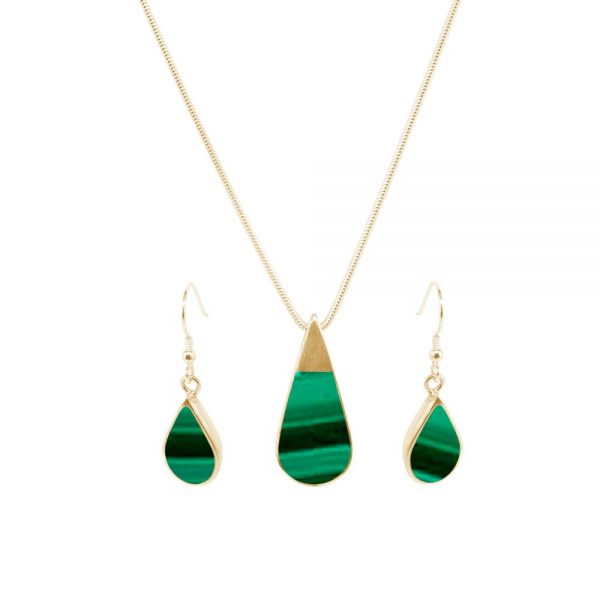 Yellow Gold Malachite Teardrop Pendant and Earring Set