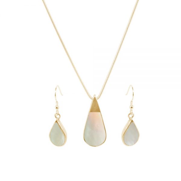 Yellow Gold Mother of Pearl Teardrop Pendant and Earring Set