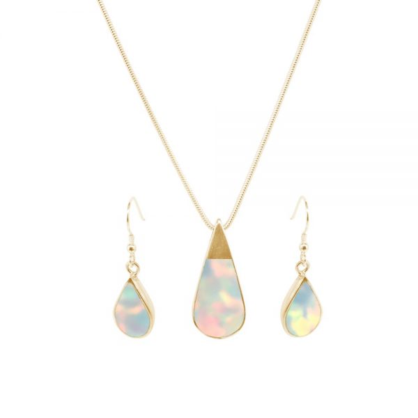 Yellow Gold Opalite Sun Ice Teardrop Pendant and Earring Set