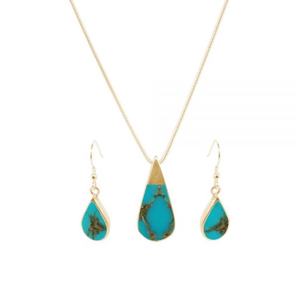Yellow Gold Turquoise Teardrop Pendant and Earring Set