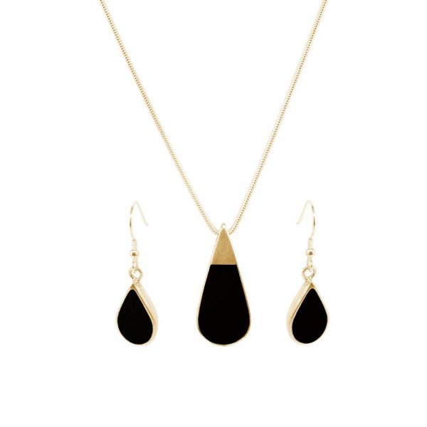 Yellow Gold Whitby Jet Teardrop Pendant and Earring Set