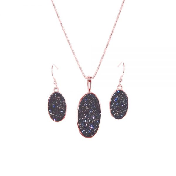 Rose Gold Blue Goldstone Oval Pendant and Earring Set