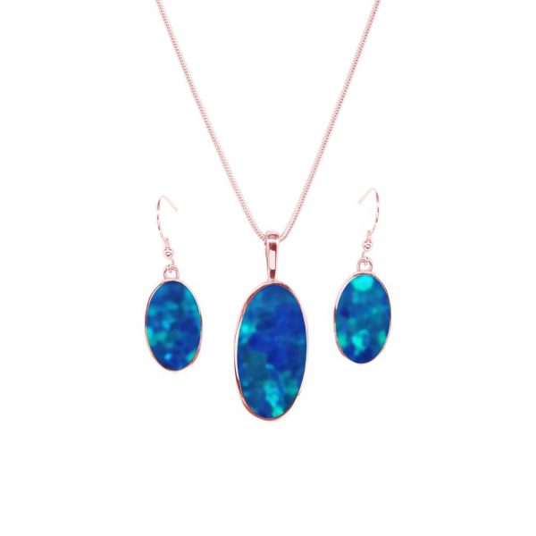 Rose Gold Cobalt Blue Oval Pendant and Earring Set