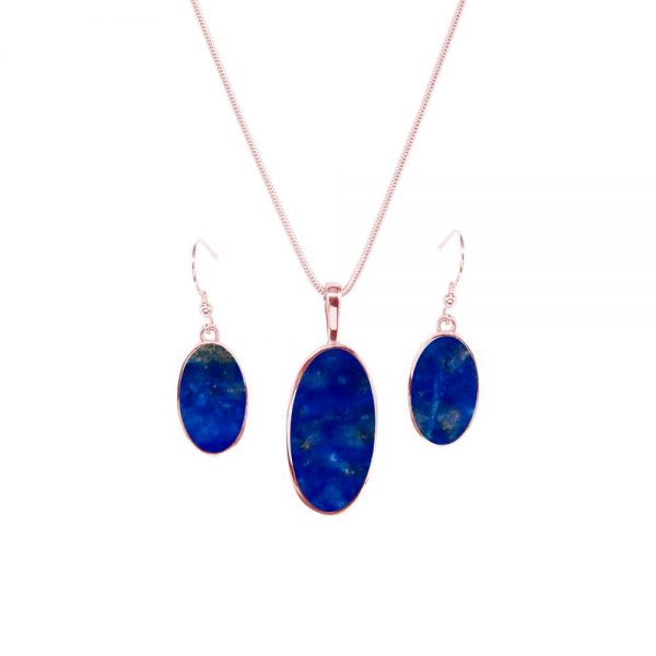 Rose Gold Lapis Oval Pendant and Earring Set