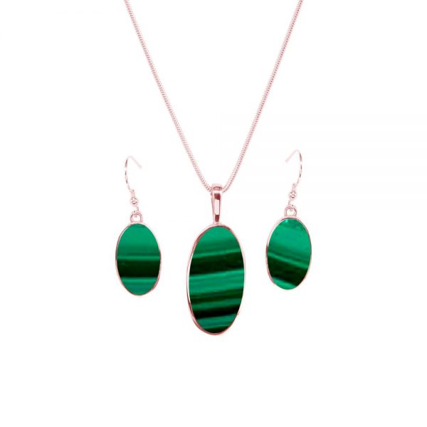 Rose Gold Malachite Oval Pendant and Earring Set