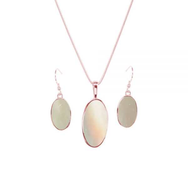 Rose Gold Mother of Pearl Oval Pendant and Earring Set