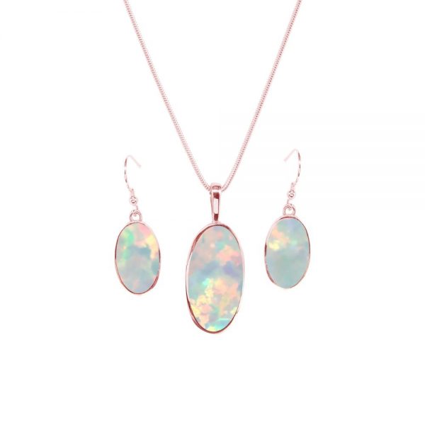 Rose Gold Opalite Sun Ice Oval Pendant and Earring Set