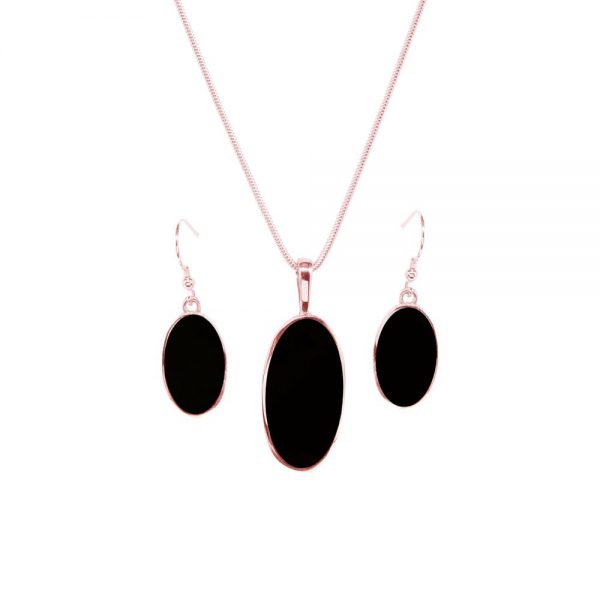Rose Gold Whitby Jet Oval Pendant and Earring Set