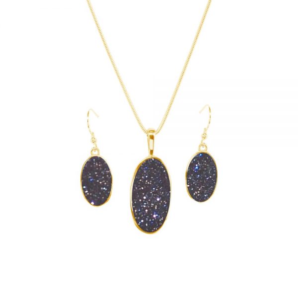 Yellow Gold Blue Goldstone Oval Pendant and Earring Set