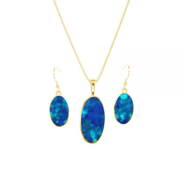 Yellow Gold Opalite Cobalt Blue Oval Pendant and Earring Set