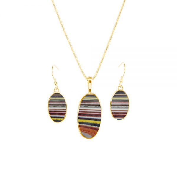 Yellow Gold Fordite Oval Pendant and Earring Set