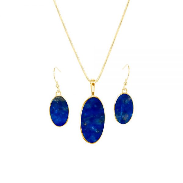 Yellow Gold Lapis Oval Pendant and Earring Set