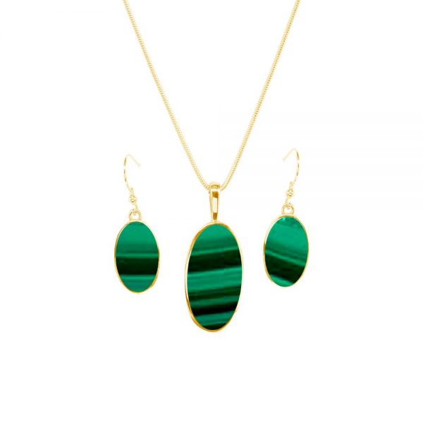 Yellow Gold Malachite Oval Pendant and Earring Set