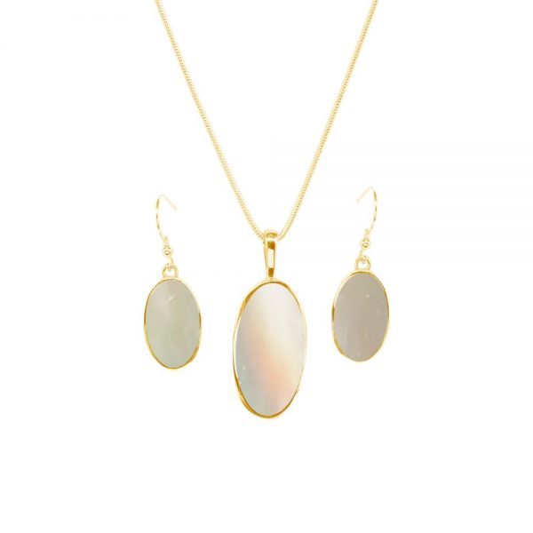 Yellow Gold Mother of Pearl Oval Pendant and Earring Set