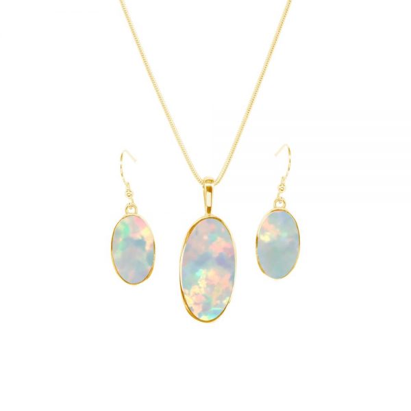 Yellow Gold Oplaite Sun Ice Oval Pendant and Earring Set