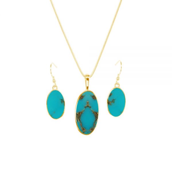 Yellow Gold Turquoise Oval Pendant and Earring Set