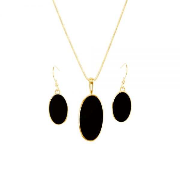 Yellow Gold Whitby Jet Oval Pendant and Earring Set