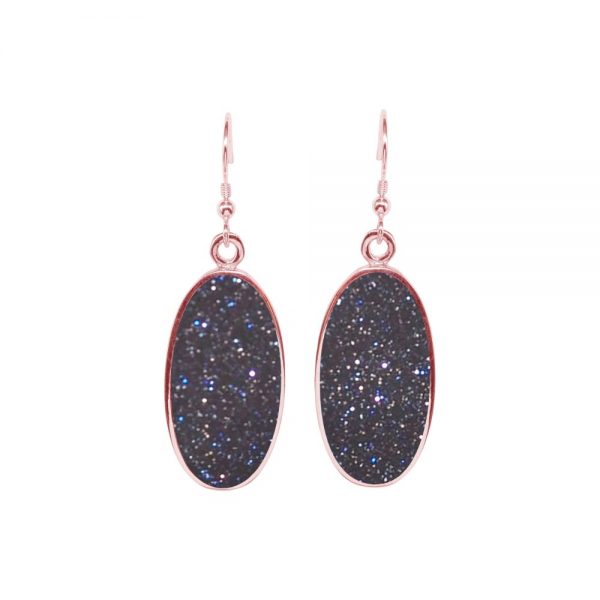 Rose Gold Blue Goldstone Oval Drop Earrings