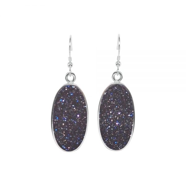 Silver Blue Goldstone Oval Drop Earrings