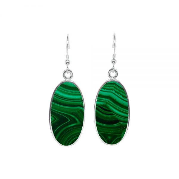 Silver Malachite Oval Drop Earrings