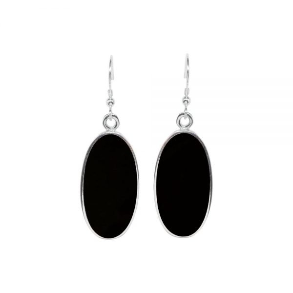 Silver Whitby Jet Oval Drop Earrings