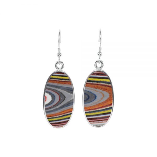 White Gold Fordite Large Oval Drop Earrings