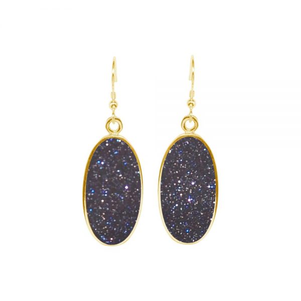 Yellow Gold Blue Goldstone Oval Drop Earrings