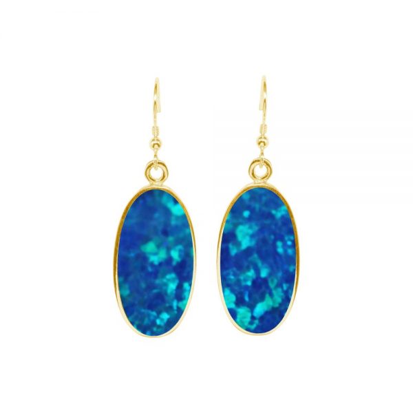 Yellow Gold Opalite Cobalt Blue Oval Drop Earrings