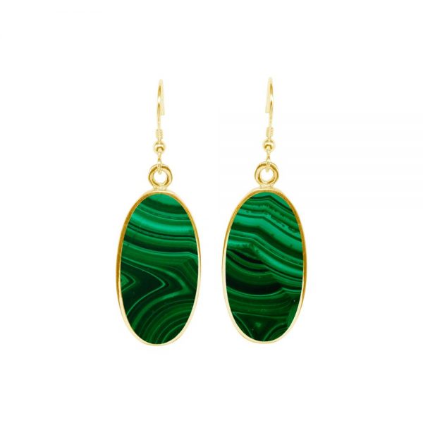 Yellow Gold Malachite Oval Drop Earrings