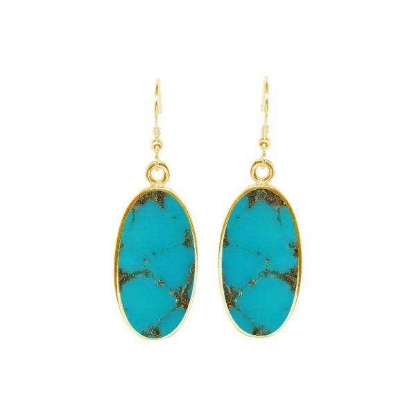 Yellow Gold Turquoise Oval Drop Earrings