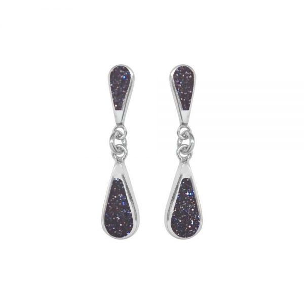 Silver Blue Goldstone Teardrop Double Drop Earrings