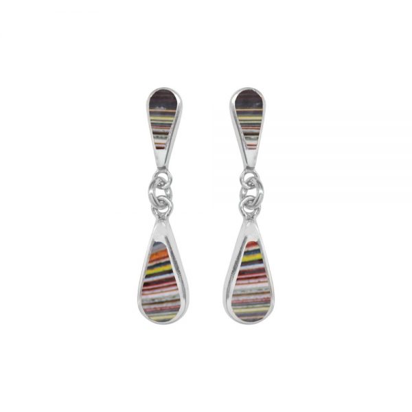 Silver Fordite Teardrop Double Drop Earrings