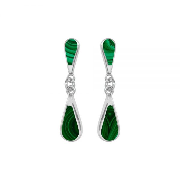 White Gold Malachite Teardrop Double Drop Earrings