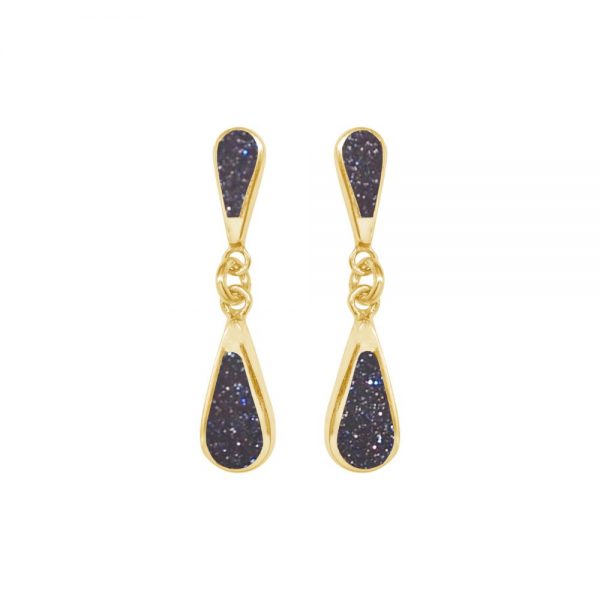 Yellow Gold Blue Goldstone Teardrop Double Drop Earrings