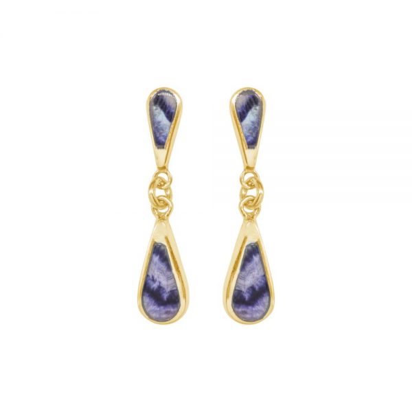 Yellow Gold Blue John Teardrop Double Drop Earrings