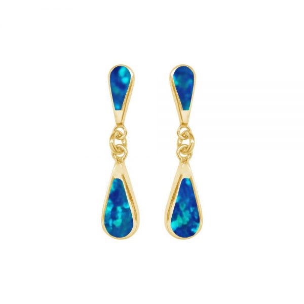 Yellow Gold Opalite Cobalt Blue Teardrop Double Drop Earrings