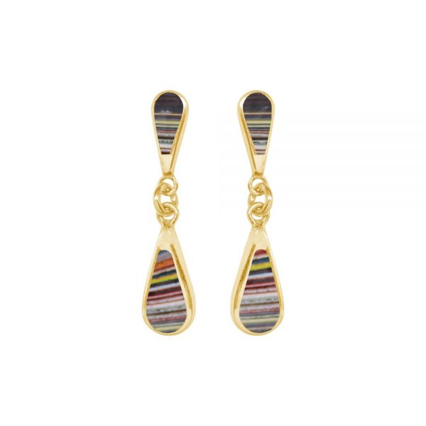 Yellow Gold Fordite Teardrop Double Drop Earrings