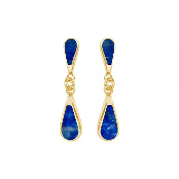 Yellow Gold Lapis Teardrop Double Drop Earrings