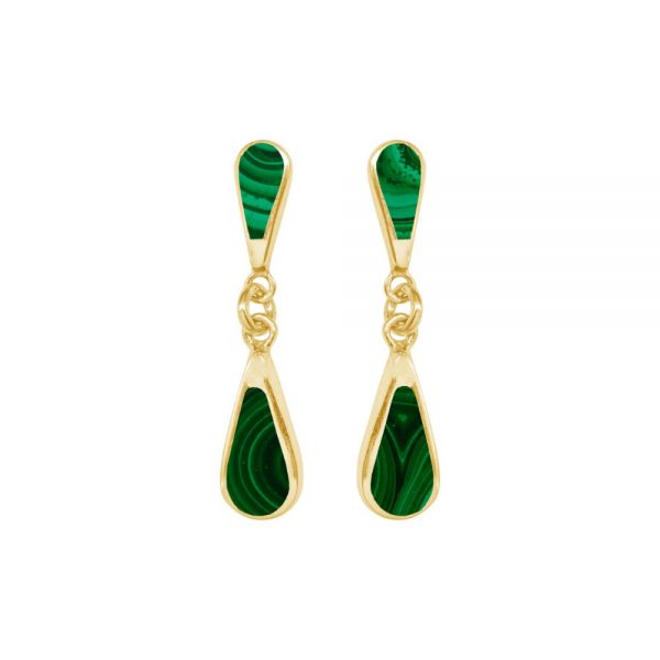 Yellow Gold Malachite Teardrop Double Drop Earrings