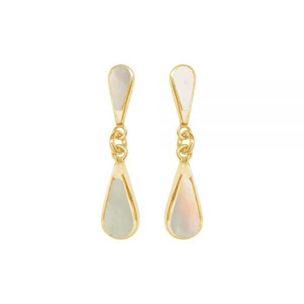 Yellow Gold Mother of Pearl Teardrop Double Drop Earrings