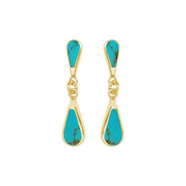 Yellow Gold Turquoise Teardrop Double Drop Earrings