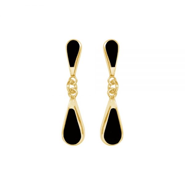 Yellow Gold Whitby Jet Teardrop Double Drop Earrings