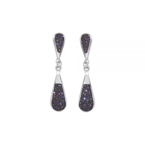 Silver Blue Goldstone Teardrop Double Drop Earrings