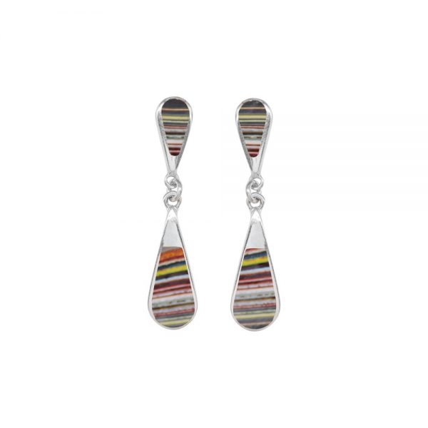 Silver Fordite Teardrop Double Drop Earrings