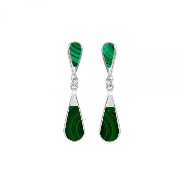 White Gold Malachite Teardrop Double Drop Earrings