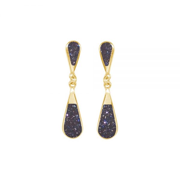 Yellow Gold Blue Goldstone Teardrop Double Drop Earrings