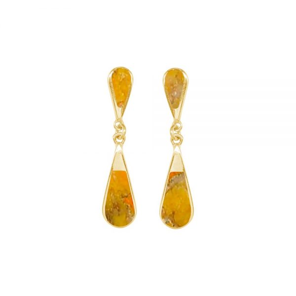 Yellow Gold Bumblebee Jasper Teardrop Double Drop Earrings