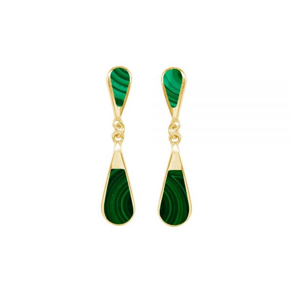 Yellow Gold Malachite Teardrop Double Drop Earrings